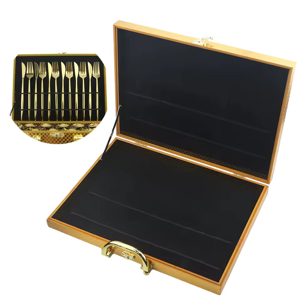24-Piece Cutlery Organizer Box – Anti-Oxidation Wood Storage – Gold & Black