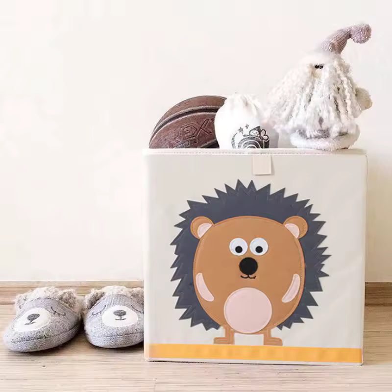 13” Foldable Cube Storage Box – Cartoon Animal Print Oxford Fabric Organizer for Clothes & Toys