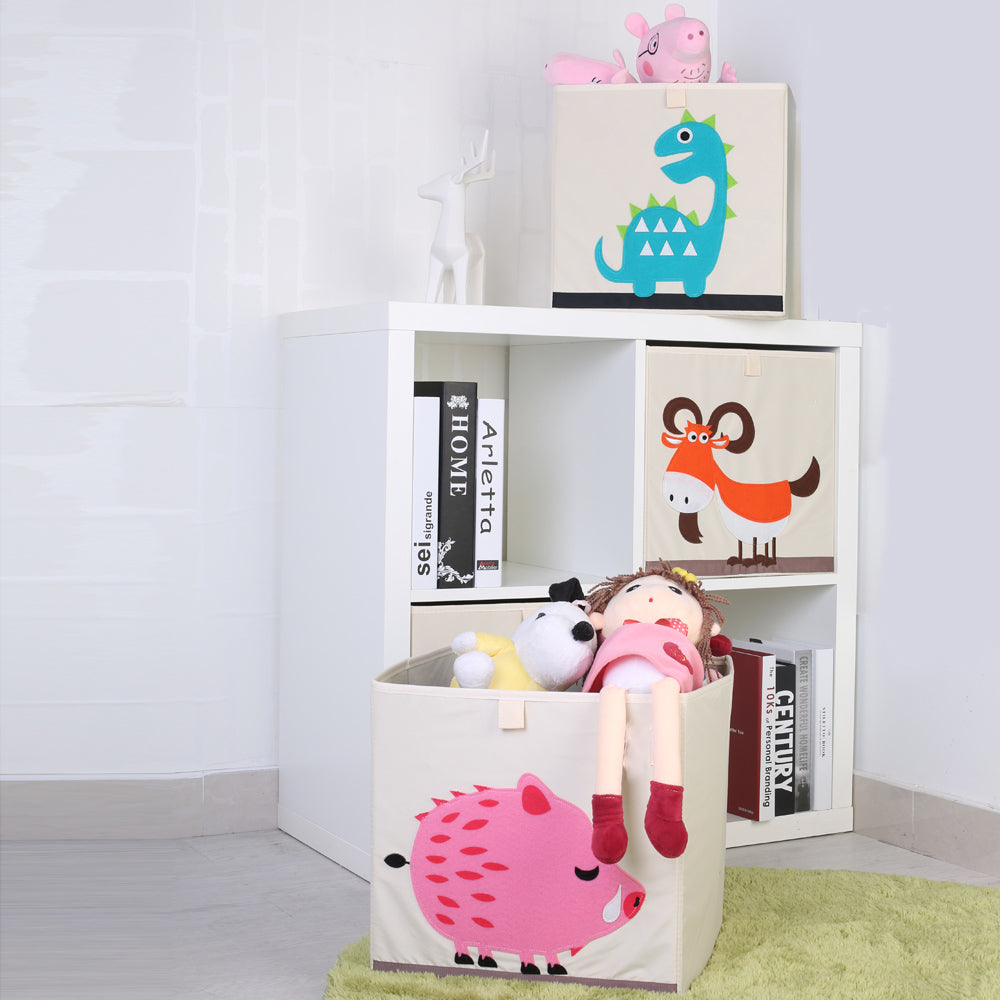 13” Foldable Cube Storage Box – Cartoon Animal Print Oxford Fabric Organizer for Clothes & Toys