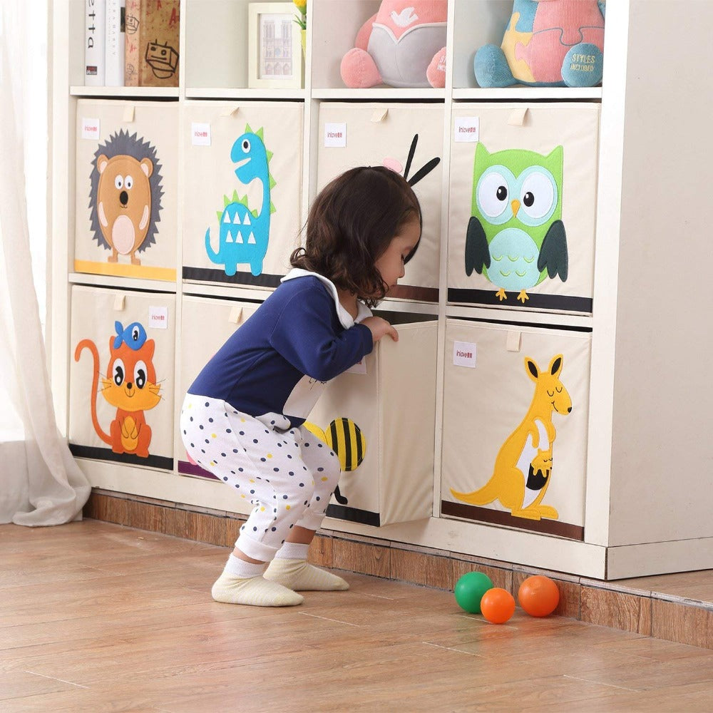 13” Foldable Cube Storage Box – Cartoon Animal Print Oxford Fabric Organizer for Clothes & Toys