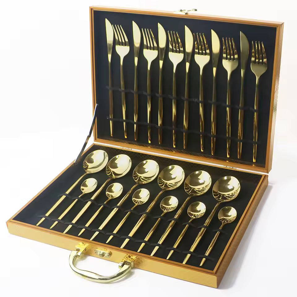 24-Piece Cutlery Organizer Box – Anti-Oxidation Wood Storage – Gold & Black