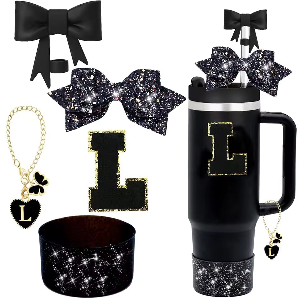 5-Piece Stanley Cup Accessories Set for 30oz & 40oz – Lid with Straw, Decorative Bow, Letter Sticker & Hanging Chain