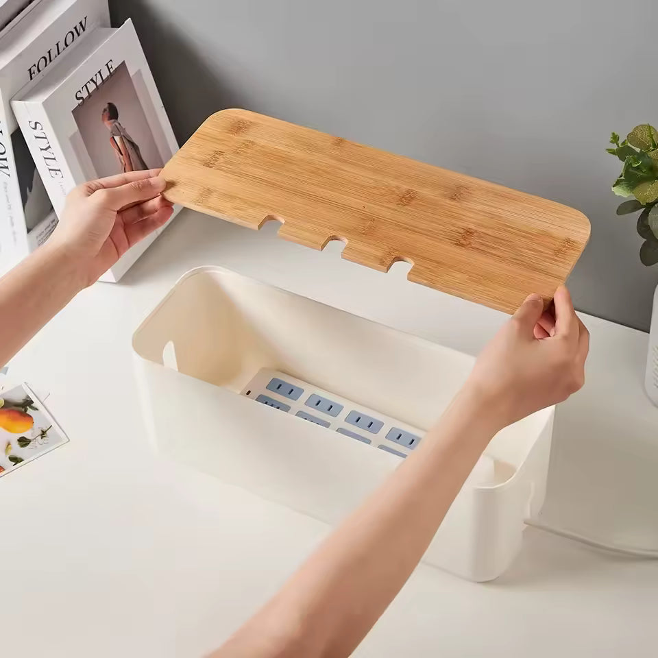 Bamboo Cable Management Box – Wire Organizer & Power Strip Holder for Desk, Home Office & Bedroom