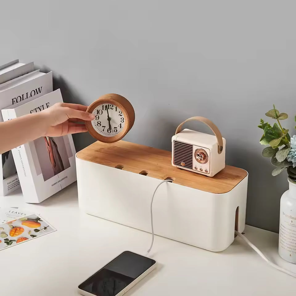 Bamboo Cable Management Box – Wire Organizer & Power Strip Holder for Desk, Home Office & Bedroom