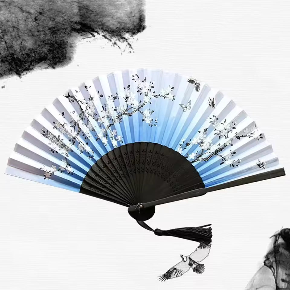 Vintage Bamboo Folding Fan – Elegant Chinese & Japanese Style Silk Hand Fan with Tassel