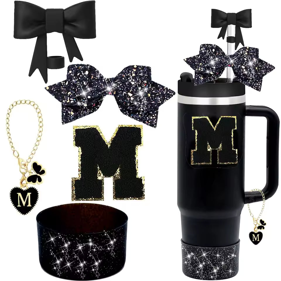 5-Piece Stanley Cup Accessories Set for 30oz & 40oz – Lid with Straw, Decorative Bow, Letter Sticker & Hanging Chain