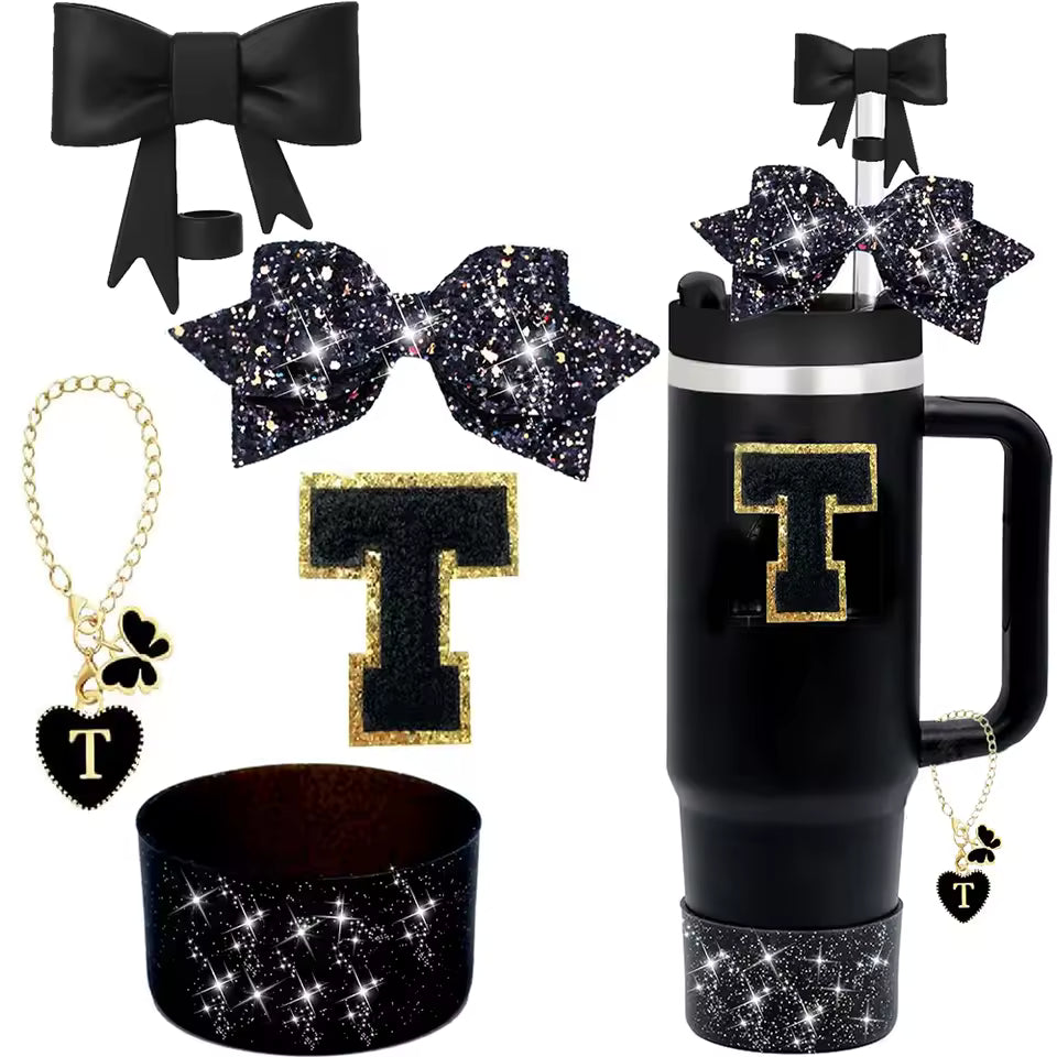 5-Piece Stanley Cup Accessories Set for 30oz & 40oz – Lid with Straw, Decorative Bow, Letter Sticker & Hanging Chain