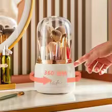 360° Rotating Makeup Organizer – Cosmetic Storage Box with Brush Holder & Lipstick Organizer