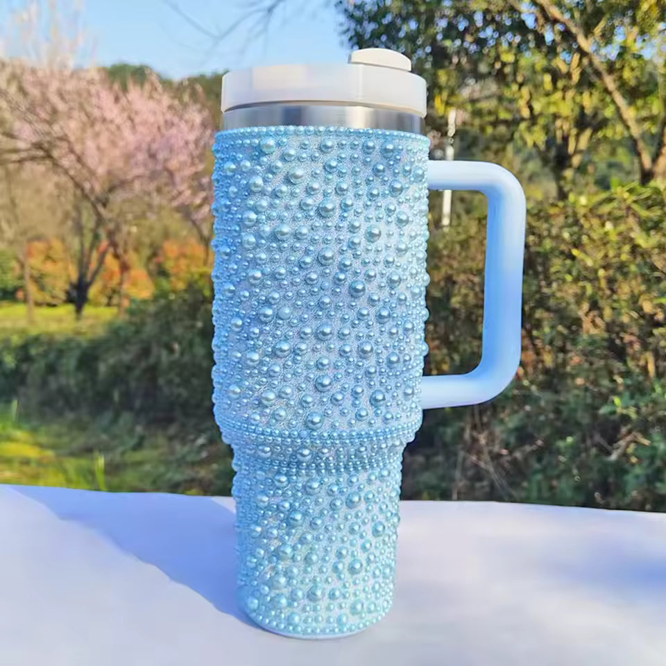 Pearl Diamond Thermal Mug 40oz – Insulated Stainless Steel Travel Cup with Handle, 1.2L Portable Car Tumbler