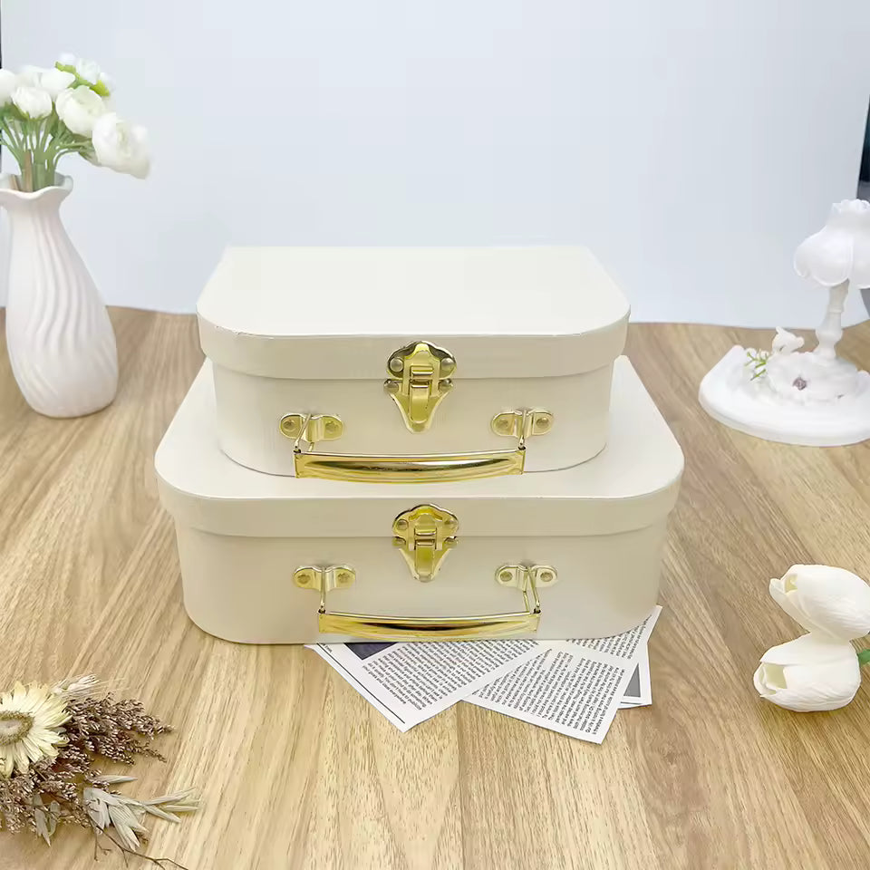 2-Piece Retro Beige Gift Box Set – Elegant Storage Boxes with Gold Handle & Lock