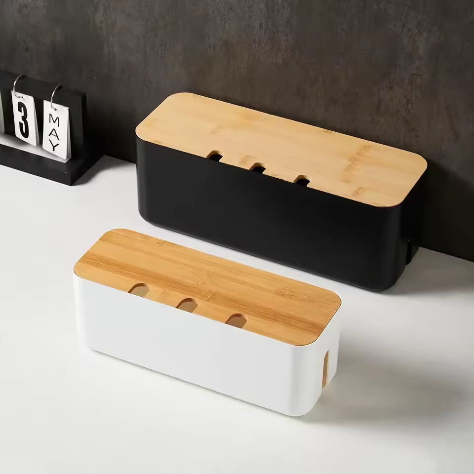 Bamboo Cable Management Box – Wire Organizer & Power Strip Holder for Desk, Home Office & Bedroom