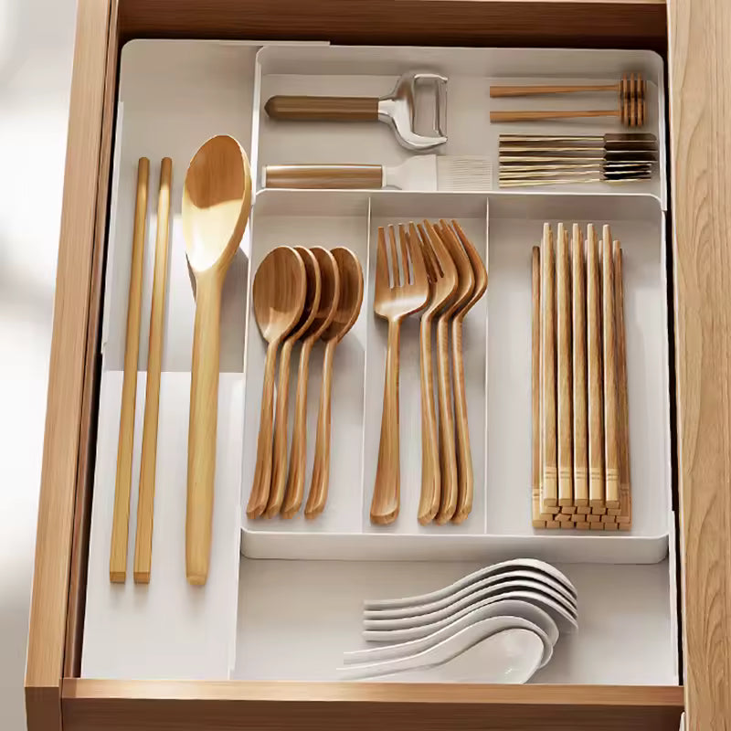 Expandable Drawer Organizer with Cutlery Tray – Adjustable Kitchen Drawer Divider for Spoons, Forks & Knives