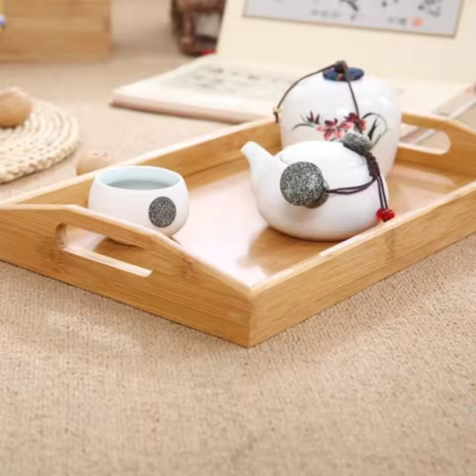 Retro Wooden Serving Tray – Solid Wood Storage Tray with Bamboo Cup Holder Base