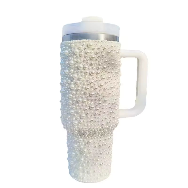 Pearl Diamond Thermal Mug 40oz – Insulated Stainless Steel Travel Cup with Handle, 1.2L Portable Car Tumbler