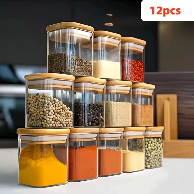 12-Pack Glass Storage Jars with Bamboo Lids – Kitchen Pantry Containers