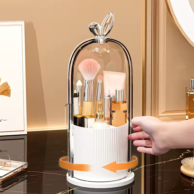 360° Rotating Makeup Brush Organizer with Transparent Dustproof Cover – Waterproof Cosmetic Storage Box