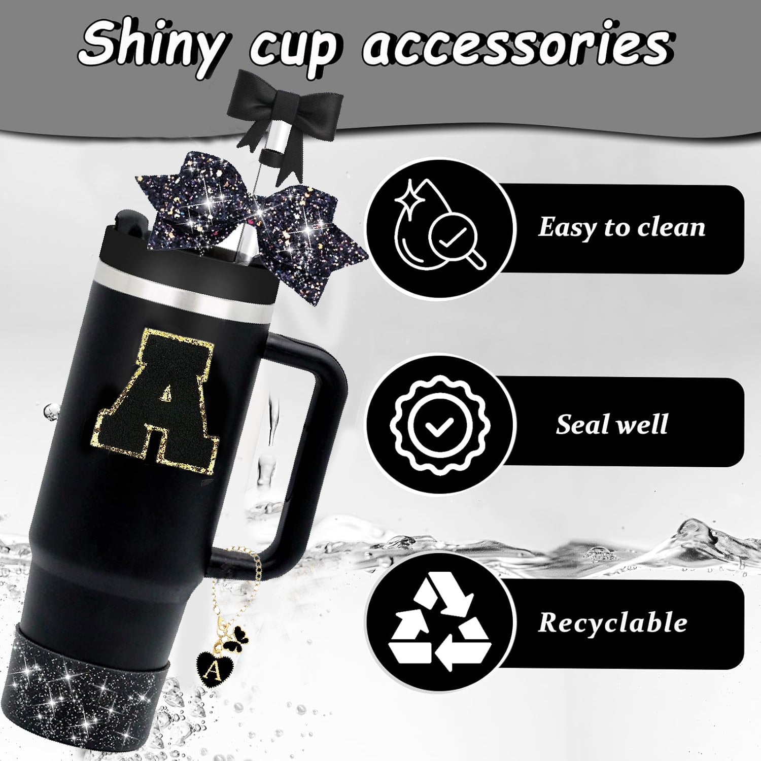 5-Piece Stanley Cup Accessories Set for 30oz & 40oz – Lid with Straw, Decorative Bow, Letter Sticker & Hanging Chain