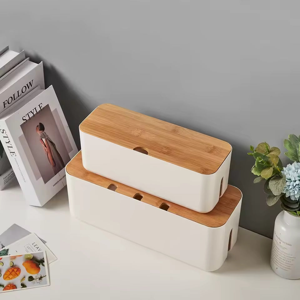 Bamboo Cable Management Box – Wire Organizer & Power Strip Holder for Desk, Home Office & Bedroom