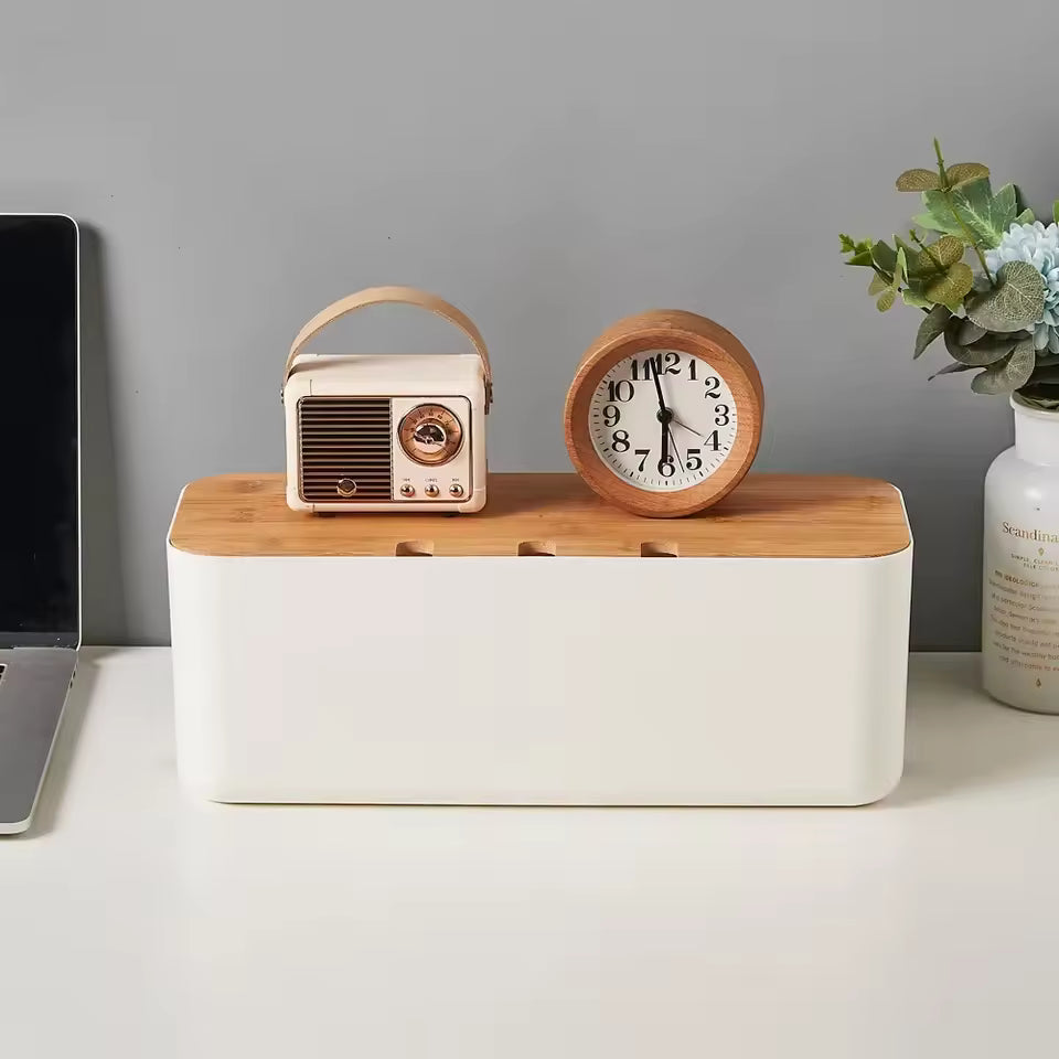 Bamboo Cable Management Box – Wire Organizer & Power Strip Holder for Desk, Home Office & Bedroom