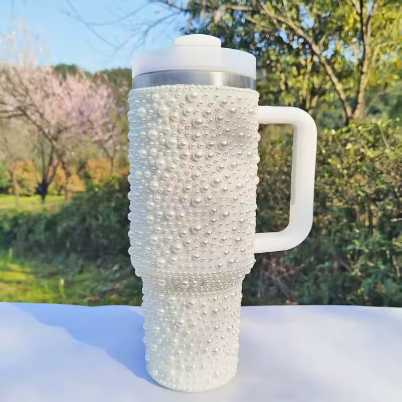 Pearl Diamond Thermal Mug 40oz – Insulated Stainless Steel Travel Cup with Handle, 1.2L Portable Car Tumbler