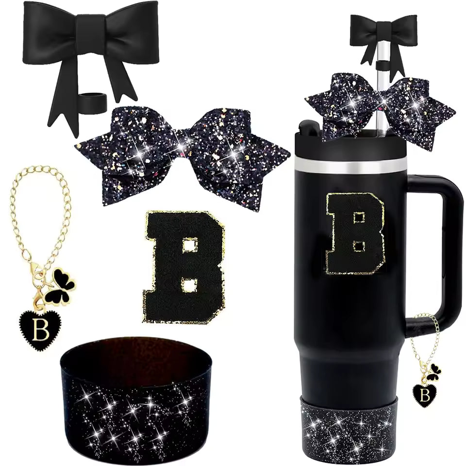 5-Piece Stanley Cup Accessories Set for 30oz & 40oz – Lid with Straw, Decorative Bow, Letter Sticker & Hanging Chain