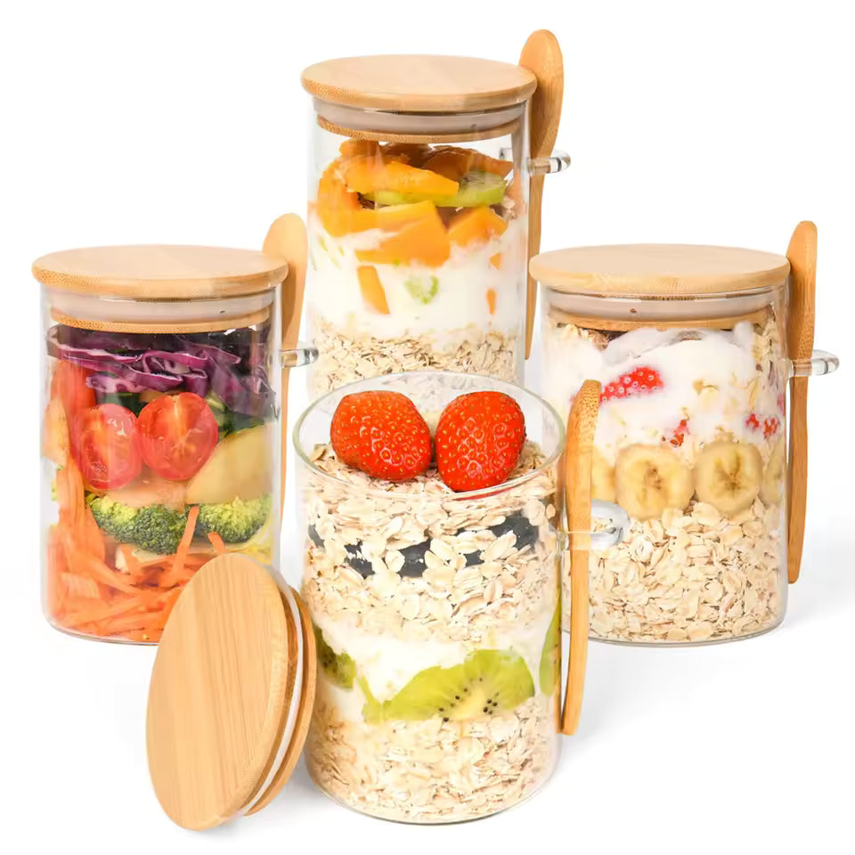 Airtight Glass Jars with Lids & Spoon – 16oz Overnight Oats Containers (1–4 Pack)