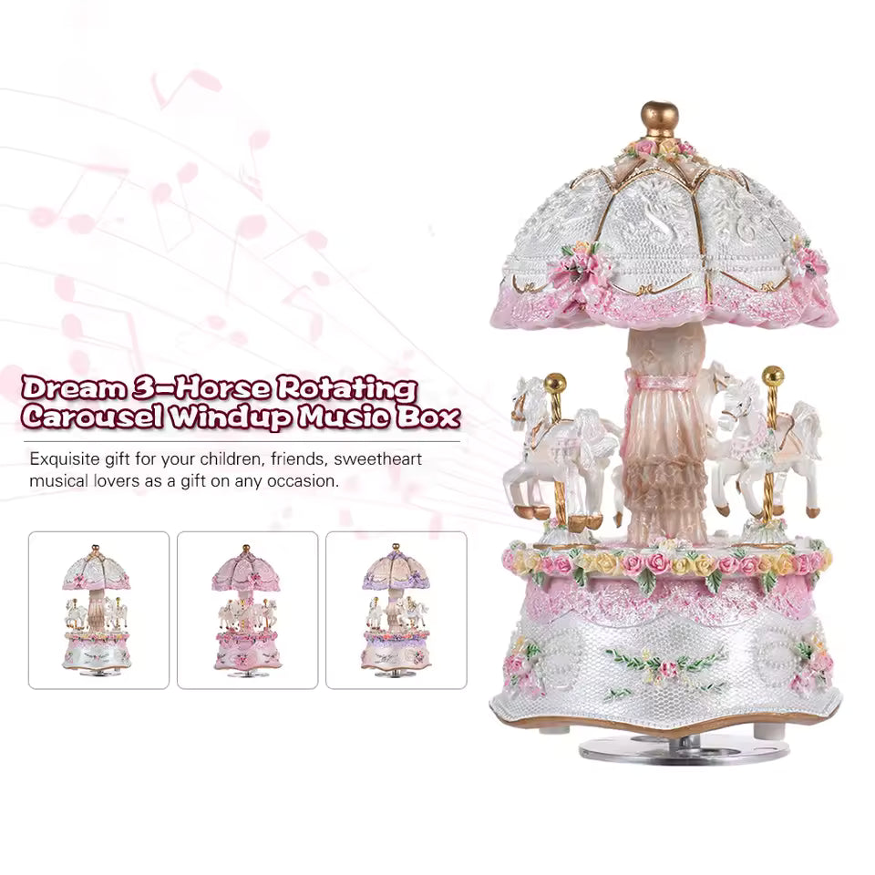Luxury Rotating Carousel Music Box – 3 Horses with Color-Changing LED Lights