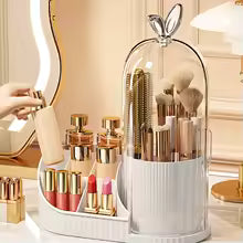 360° Rotating Makeup Brush Organizer with Transparent Dustproof Cover – Waterproof Cosmetic Storage Box
