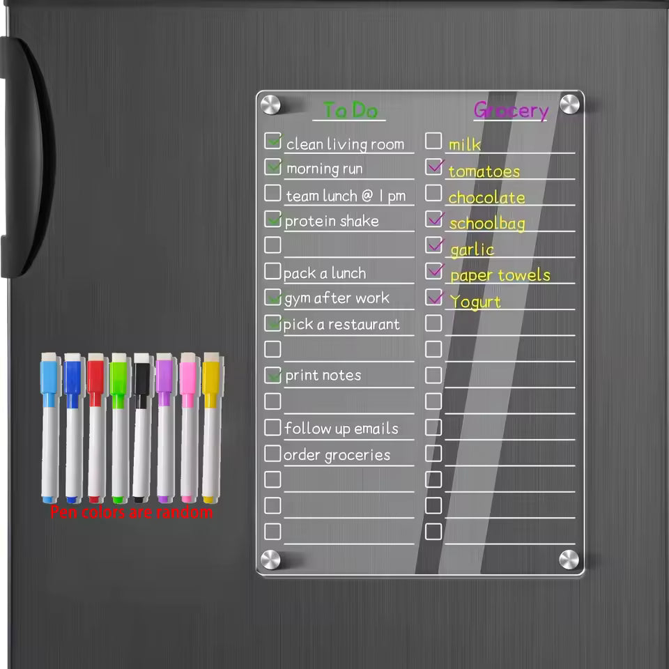 Acrylic Magnetic Fridge Planner Set – Transparent Dry Erase Board with To-Do & Grocery Lists