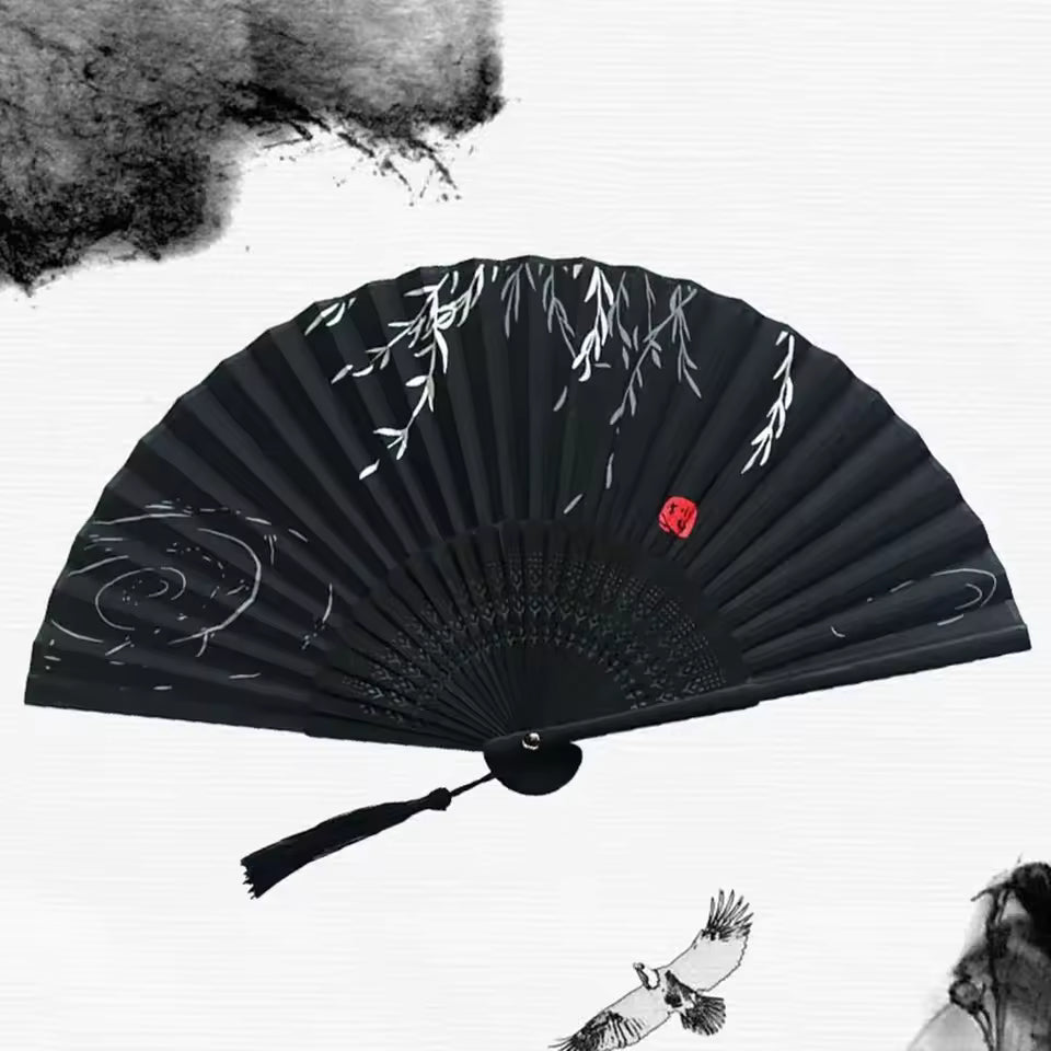 Vintage Bamboo Folding Fan – Elegant Chinese & Japanese Style Silk Hand Fan with Tassel