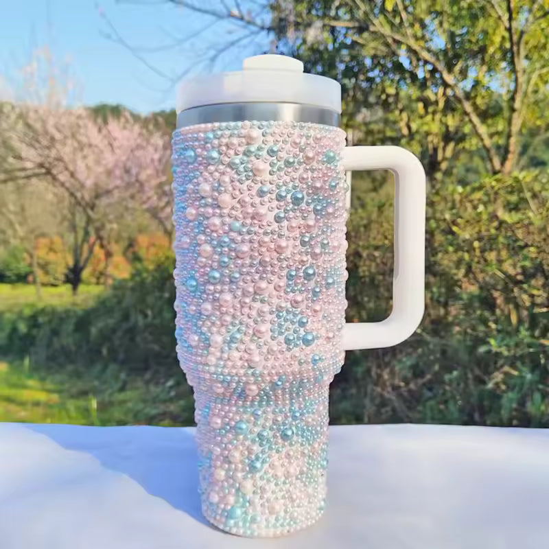 Pearl Diamond Thermal Mug 40oz – Insulated Stainless Steel Travel Cup with Handle, 1.2L Portable Car Tumbler