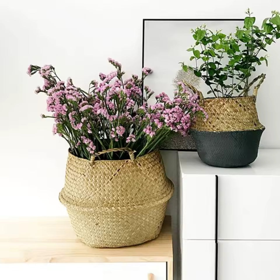 Seagrass Print Hanging Wicker Basket – Decorative Wall Storage Organizer