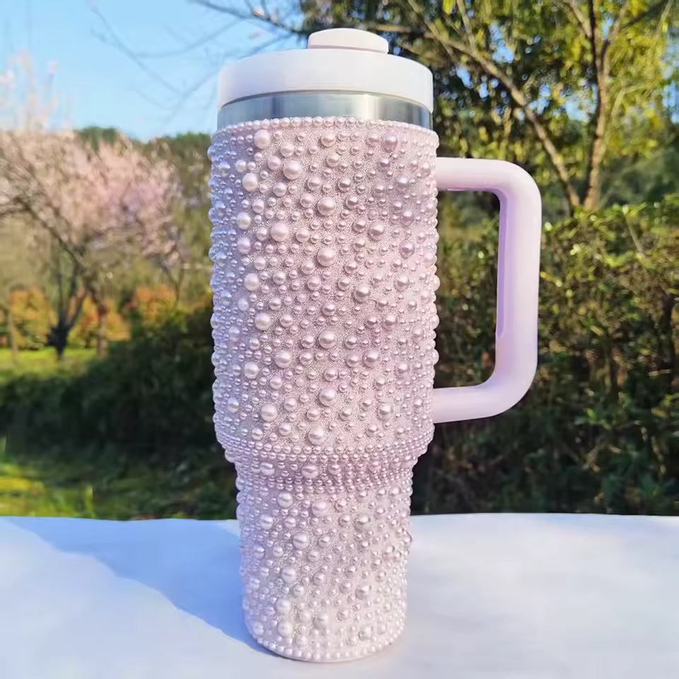 Pearl Diamond Thermal Mug 40oz – Insulated Stainless Steel Travel Cup with Handle, 1.2L Portable Car Tumbler