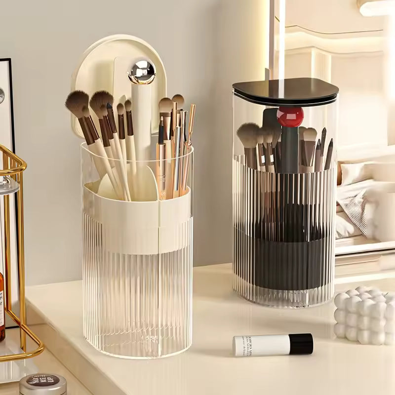 Rotating Makeup Brush Organizer with Dust-Proof Lid – Vanity Storage for Brushes & Lipsticks
