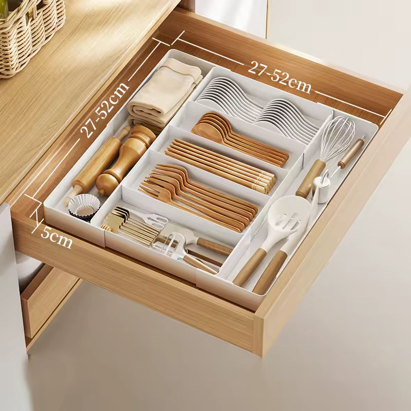 Expandable Drawer Organizer with Cutlery Tray – Adjustable Kitchen Drawer Divider for Spoons, Forks & Knives
