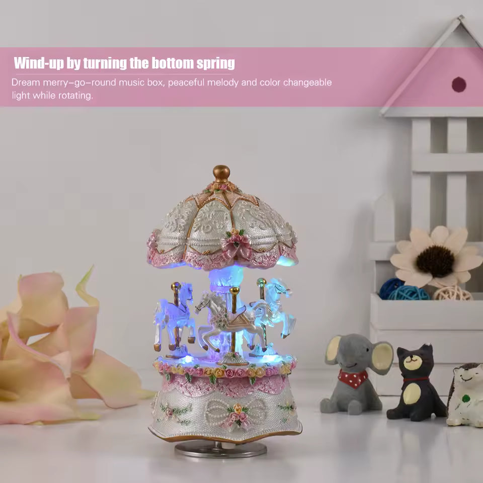 Luxury Rotating Carousel Music Box – 3 Horses with Color-Changing LED Lights