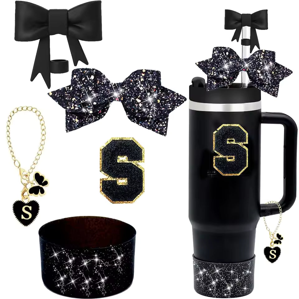 5-Piece Stanley Cup Accessories Set for 30oz & 40oz – Lid with Straw, Decorative Bow, Letter Sticker & Hanging Chain