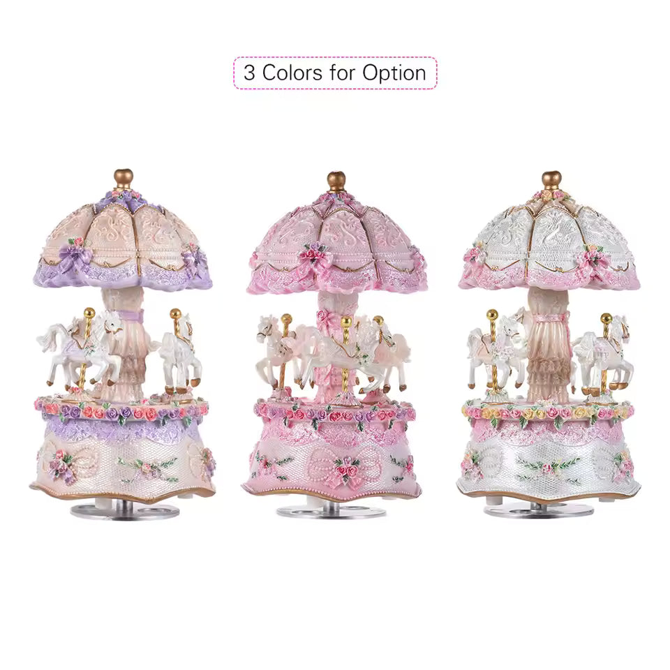 Luxury Rotating Carousel Music Box – 3 Horses with Color-Changing LED Lights