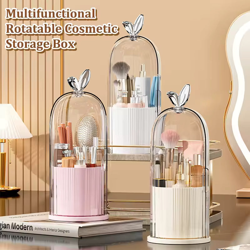 360° Rotating Makeup Brush Organizer with Transparent Dustproof Cover – Waterproof Cosmetic Storage Box