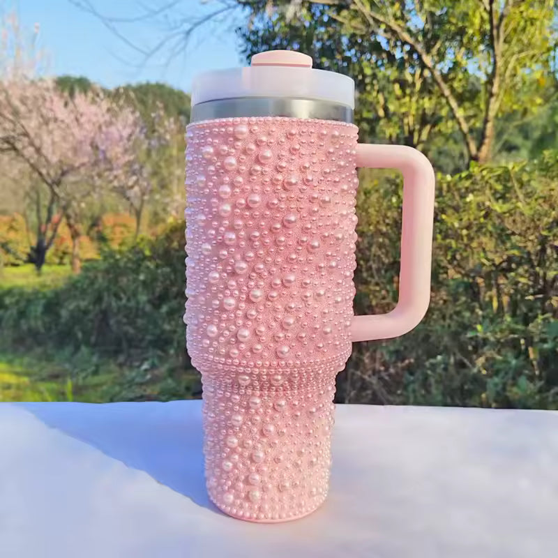 Pearl Diamond Thermal Mug 40oz – Insulated Stainless Steel Travel Cup with Handle, 1.2L Portable Car Tumbler