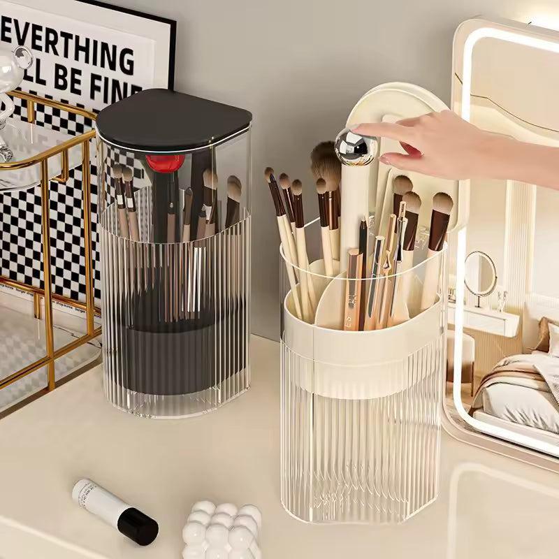 Rotating Makeup Brush Organizer with Dust-Proof Lid – Vanity Storage for Brushes & Lipsticks