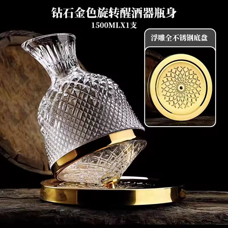 360° Rotating Crystal Wine Decanter – 1500ml Luxury Aerator & Mirrored Bar Display