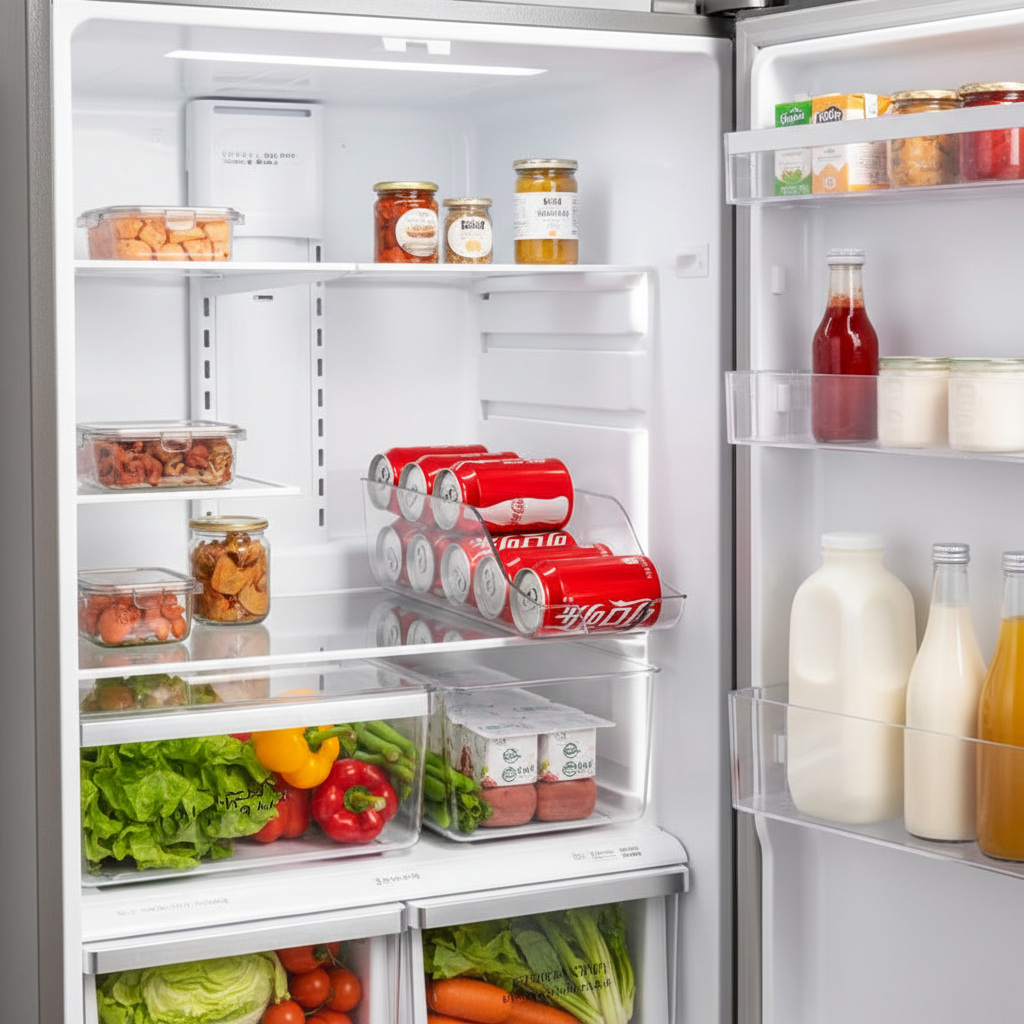 Can organizer in stainless fridge