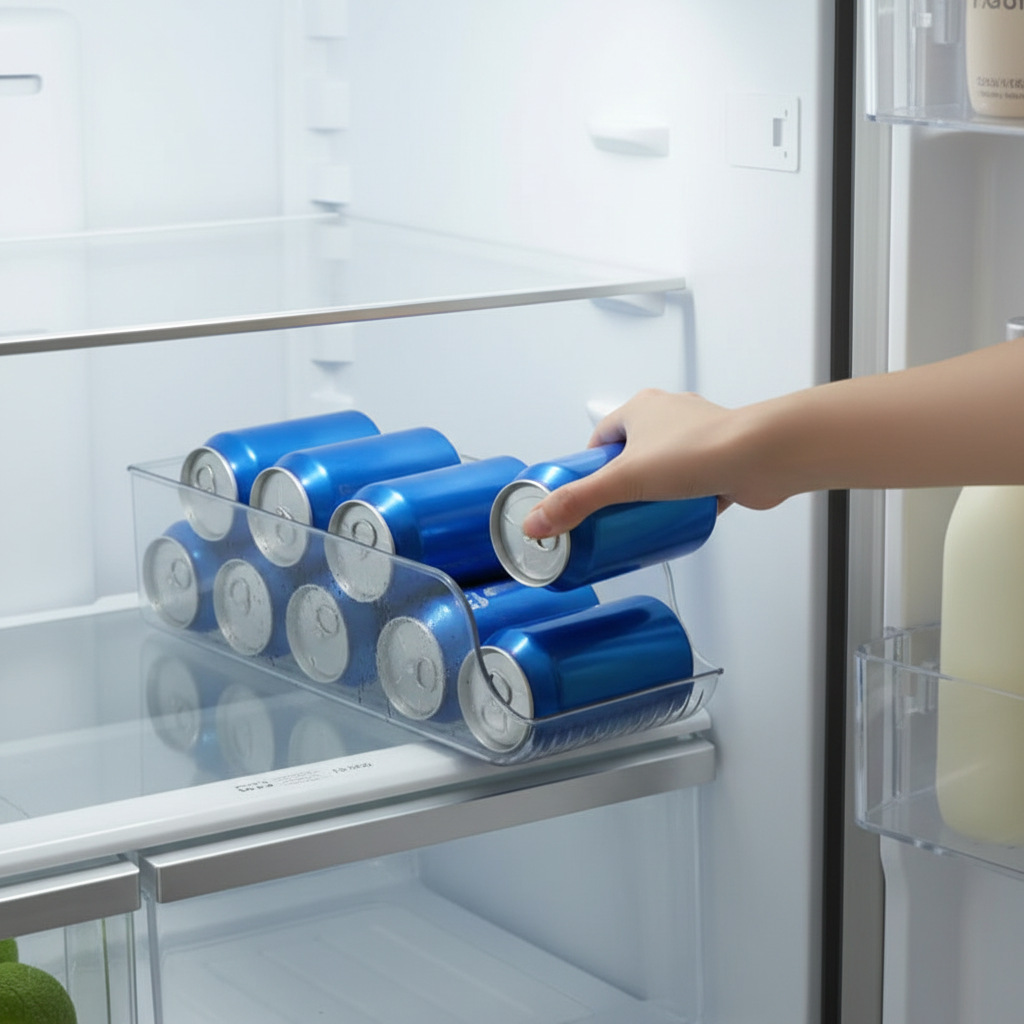 Hand grabbing can from fridge organizer