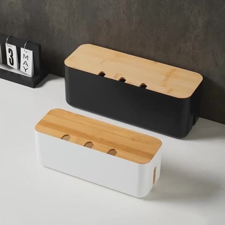 Bamboo Cable Management Box – Wire Organizer & Power Strip Holder for Desk, Home Office & Bedroom