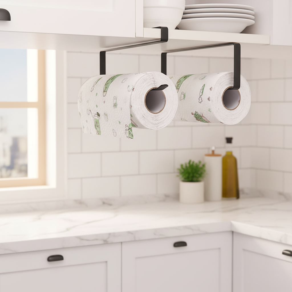Under-shelf paper towel holder in kitchen